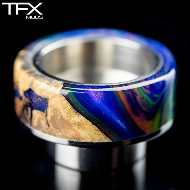 TFX 810 Drip Tip - 304 Stainless Steel - Poplar Burr And Blue, Emerald And Orange Resin